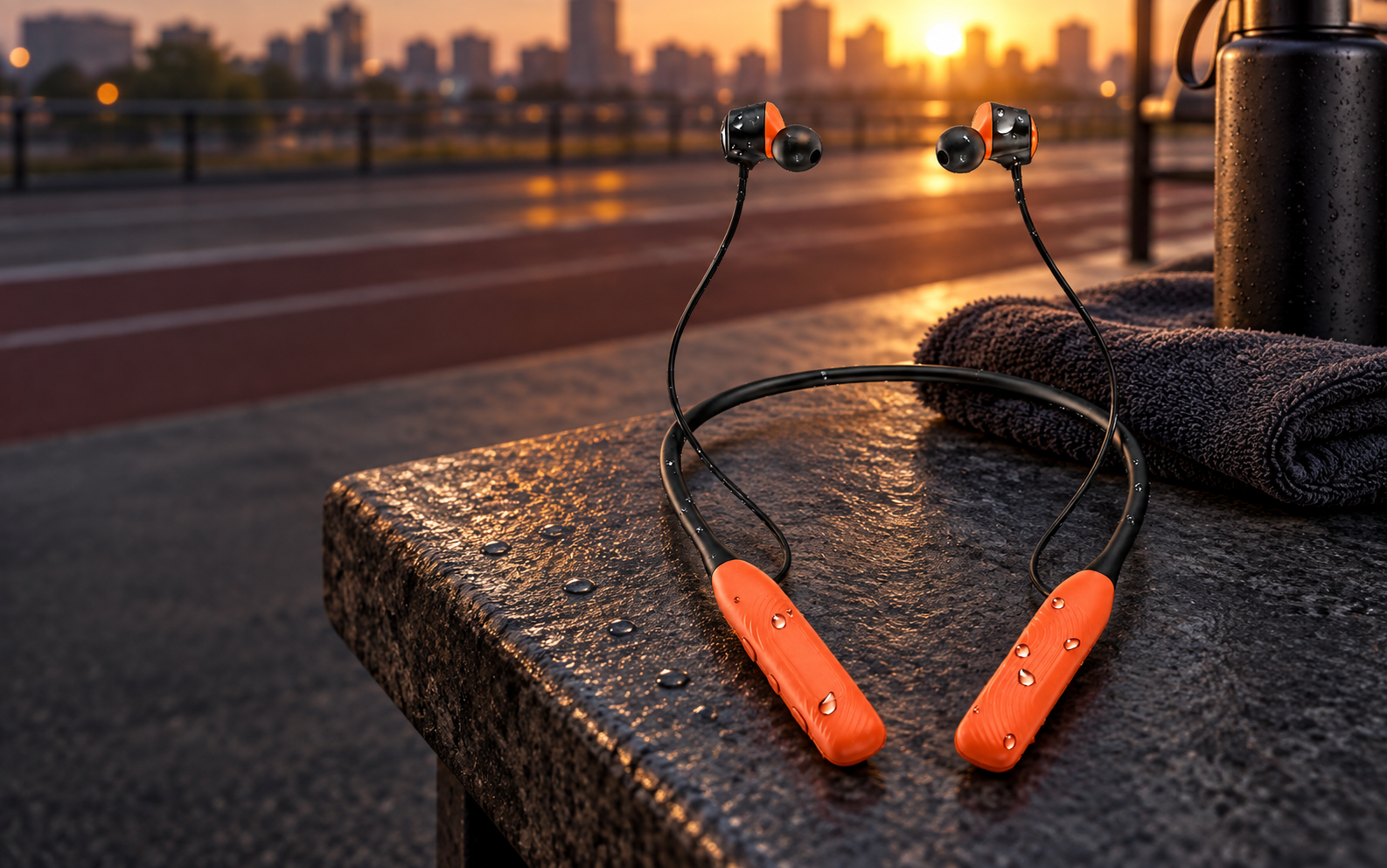 JL&MI neckband headphones on a wet stone bench beside a workout towel and water bottle at sunrise
